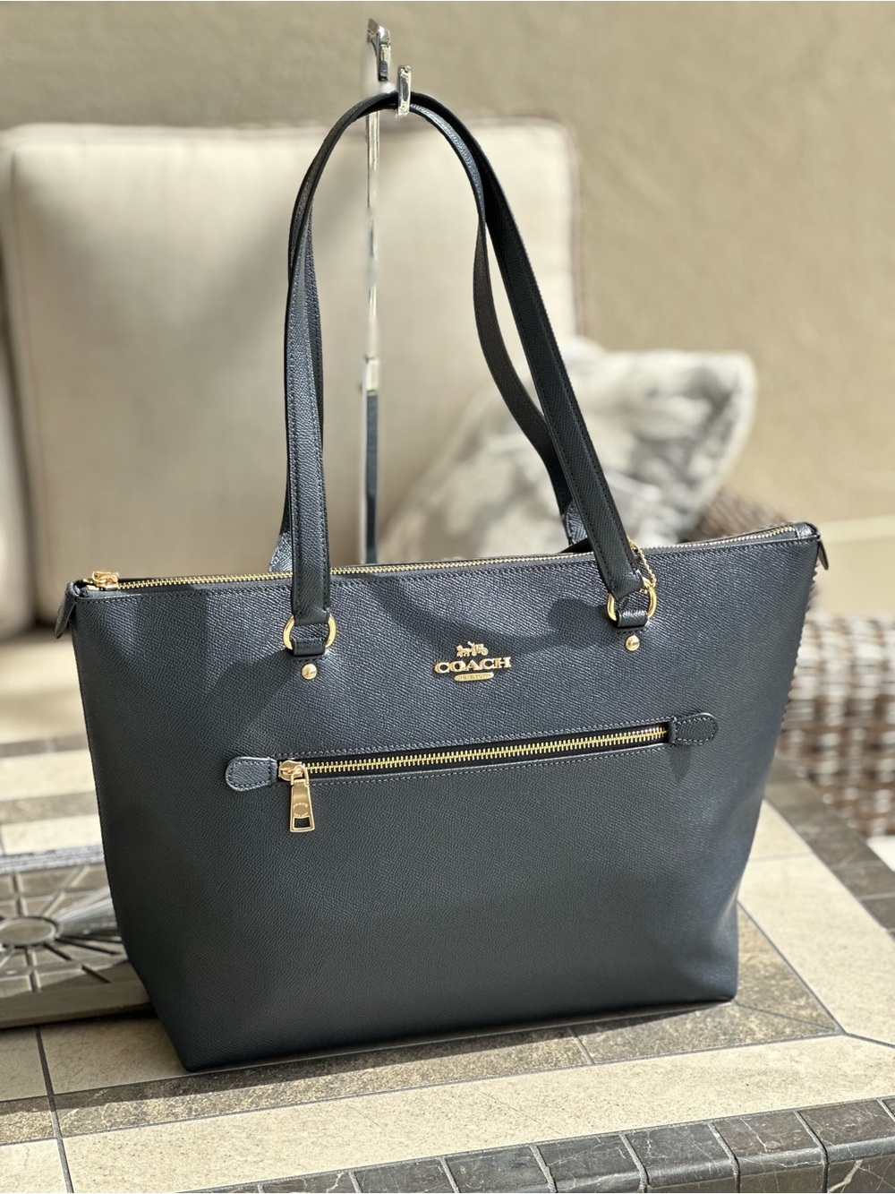 Coach Black Leather Tote with Gold Hardware